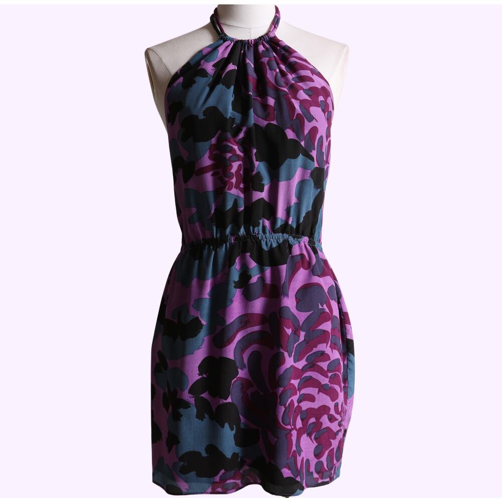 FALLS Vintage Purple Multicolor Floral Halter Mini Dress